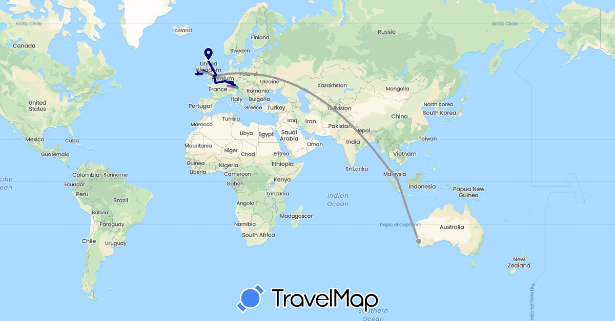 TravelMap itinerary: driving, bus, plane, train in Austria, Australia, Germany, France, United Kingdom, Ireland, Luxembourg, Singapore (Asia, Europe, Oceania)